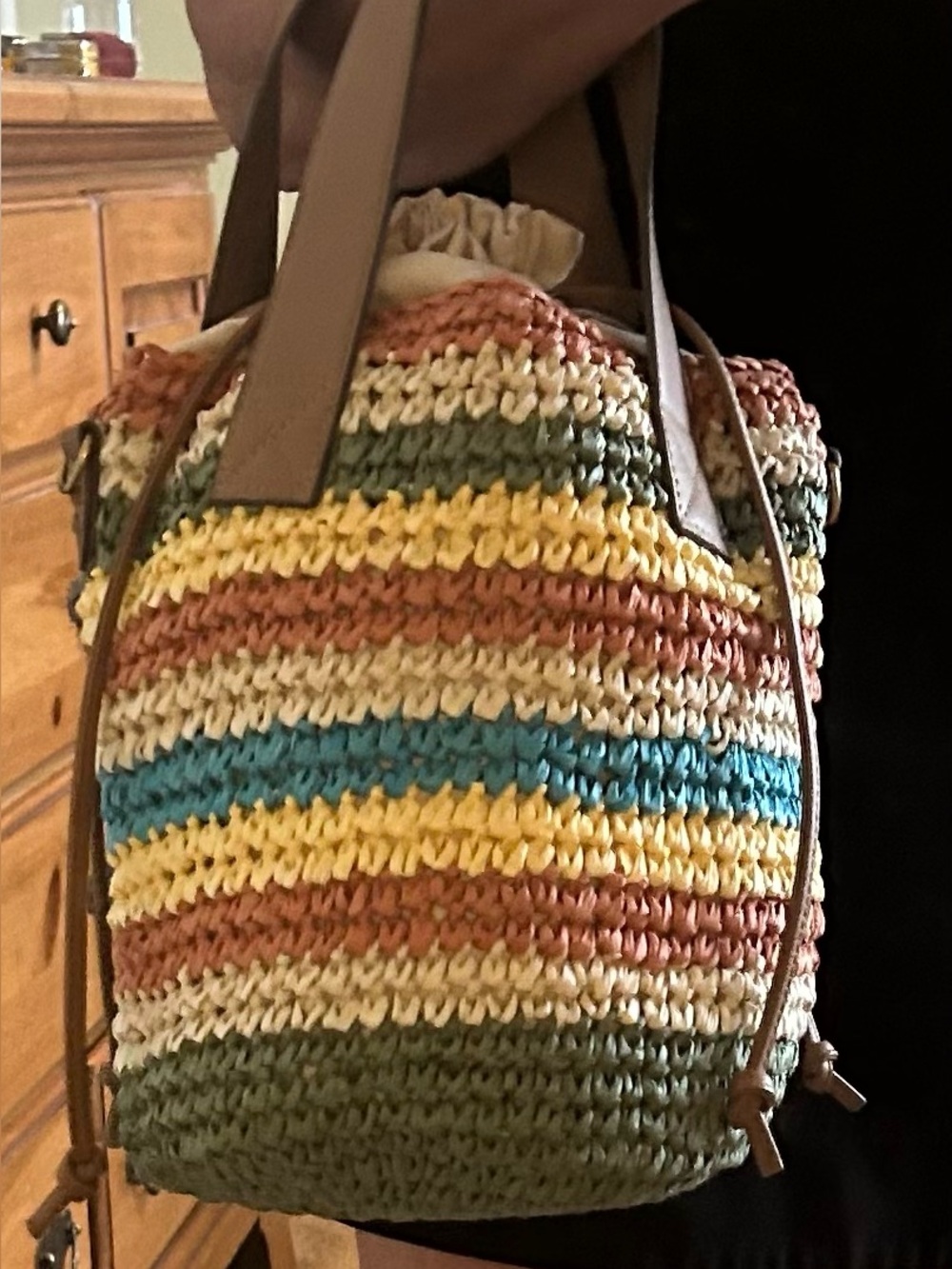 Sol and Mer Raffia Striped Drawstring Handbag NWT - Picture 8 of 11